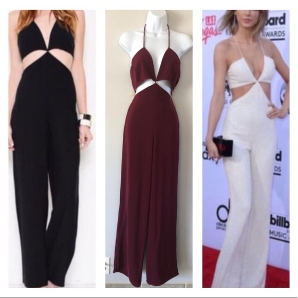 NEW L’Atiste by Amy Burgundy Wide Leg Jumpsuit Cutouts Halter Fully Lined Size S - Picture 1 of 16